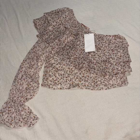 ZARA TRAFALUC COLLECTION Crop Top One Shoulder/Sleeve‎ Pink Floral Ruffle SzXS - Picture 2 of 8